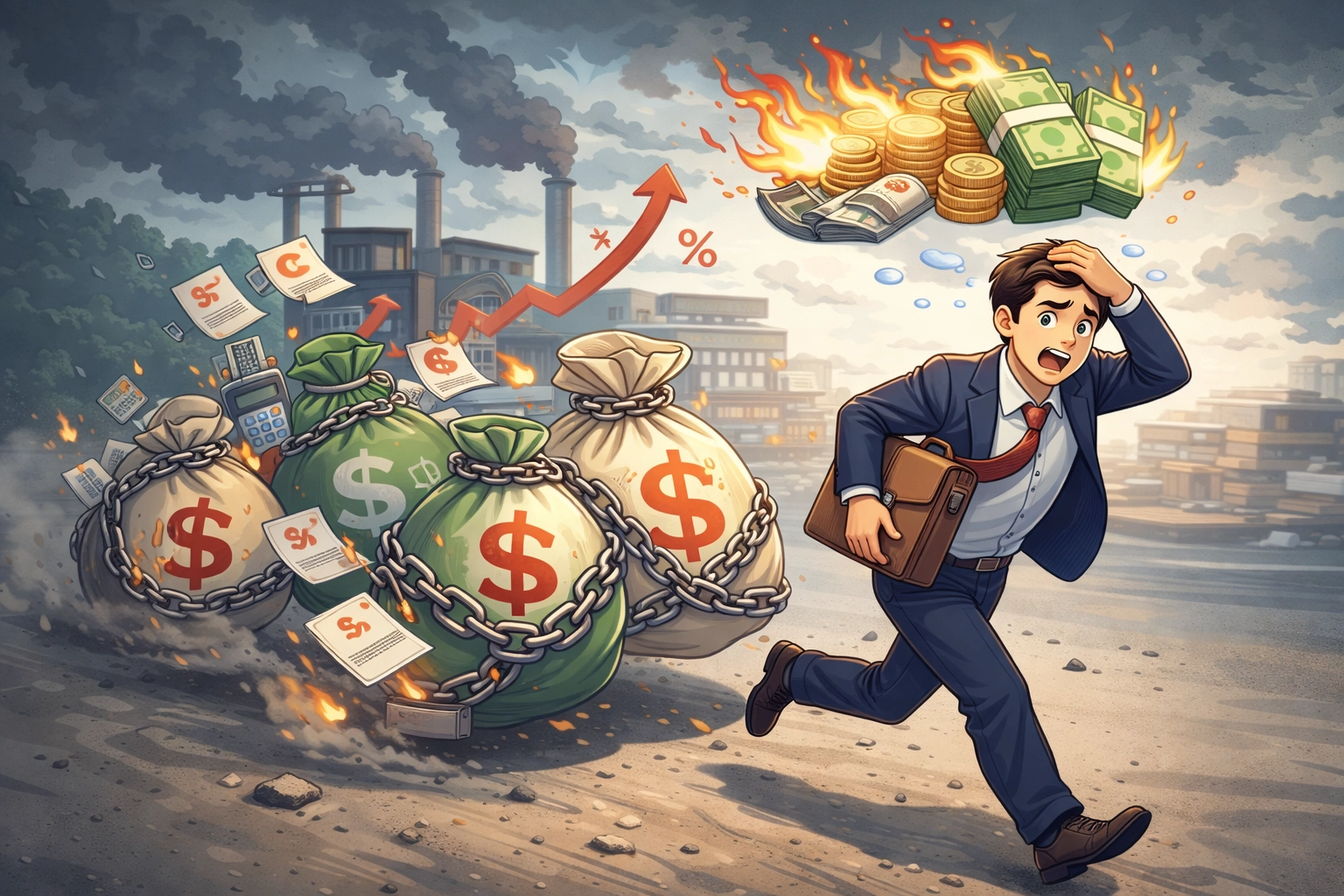 為了撐住【工廠運轉】與【薪資支出】，他在資金最吃緊的時候只能選擇連續借款來補洞，結果【利息】與【還款壓力】越疊越多，短時間內就被債務追著跑。