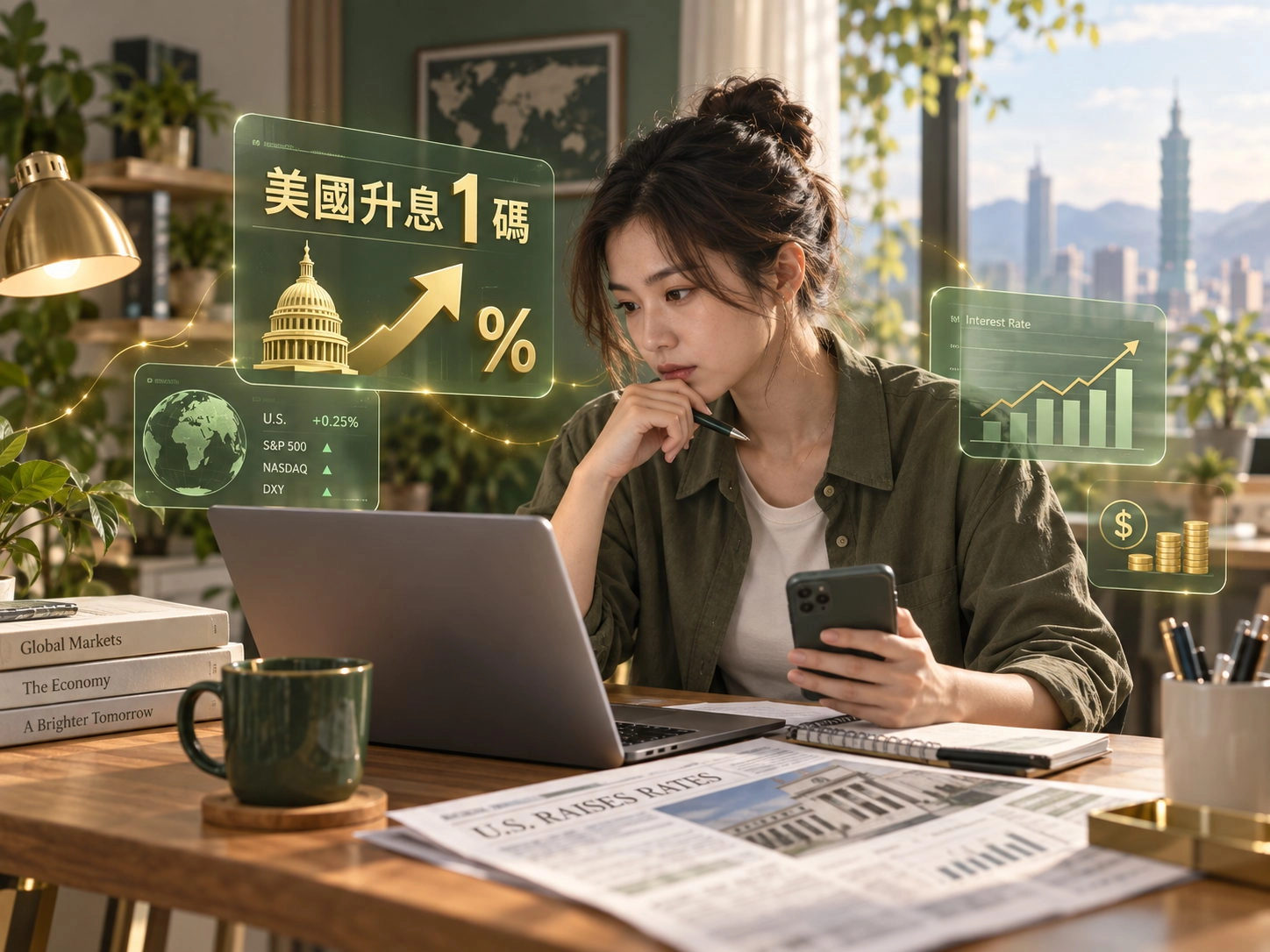 美國升息1碼示意,投資人查看利率與金融市場變化