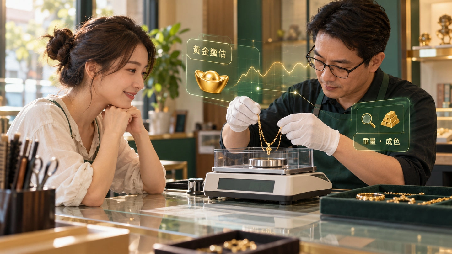 鑑估人員在櫃檯秤重並檢視顧客的黃金項鍊