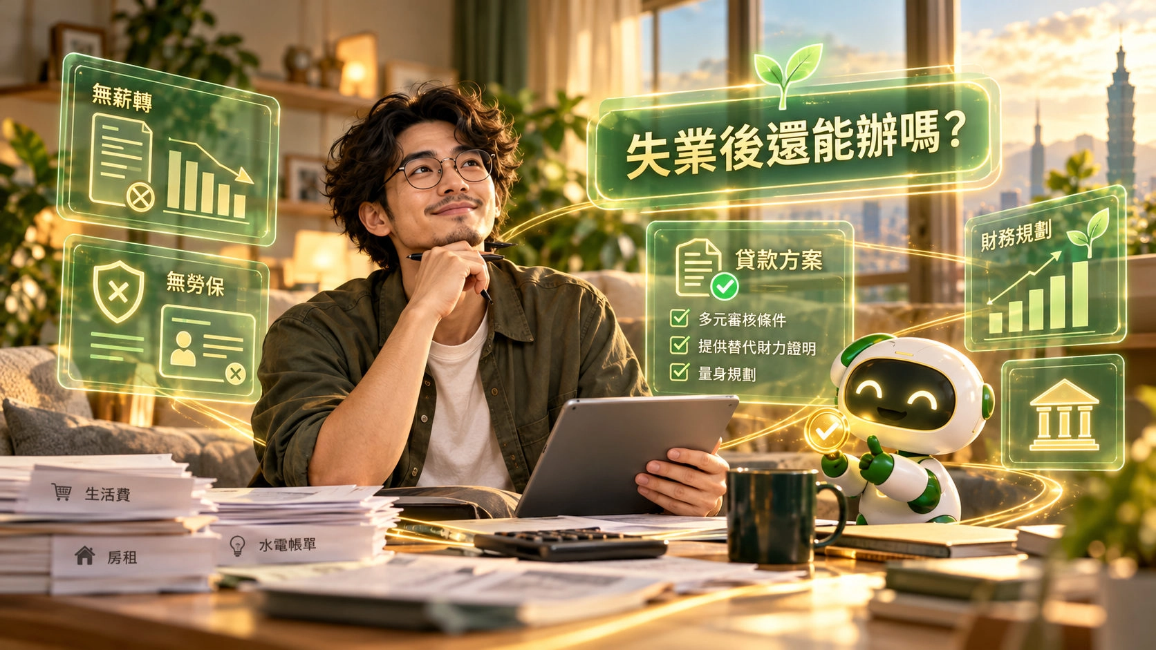 失業後無薪轉無勞保貸款資格評估,男子整理生活帳單與借款方案