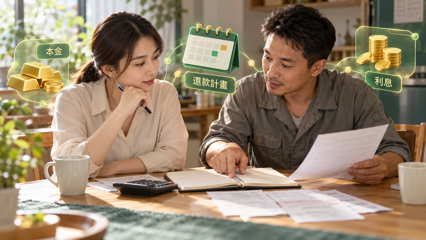 兩人在家使用計算機與文件討論借款本金、利息及還款計畫