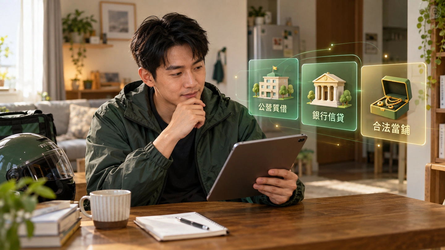 外送工作者使用平板比較公營質借、銀行信貸與合法當舖