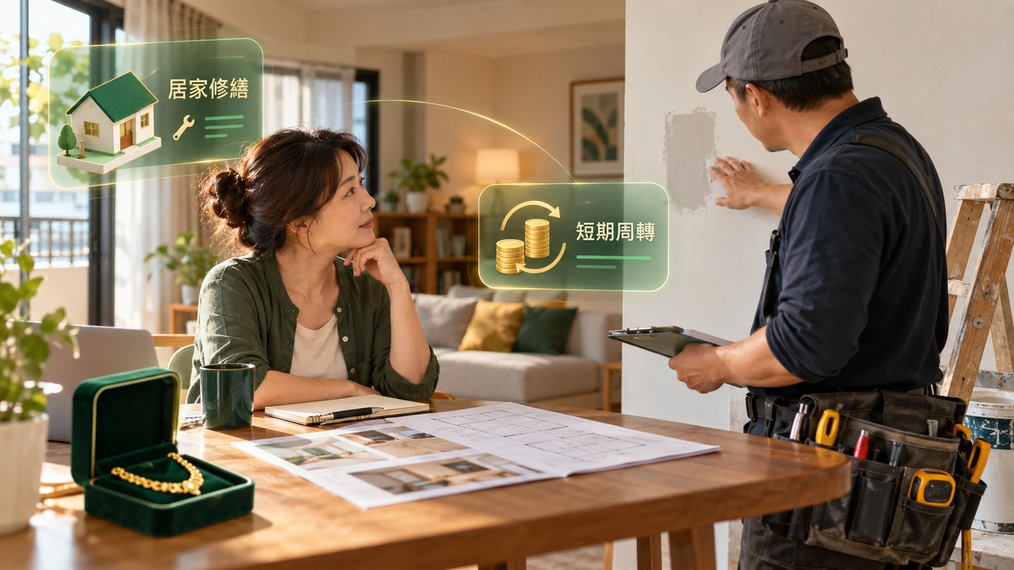 屋主與修繕師傅討論牆面修補,桌上擺放黃金項鍊與修繕文件