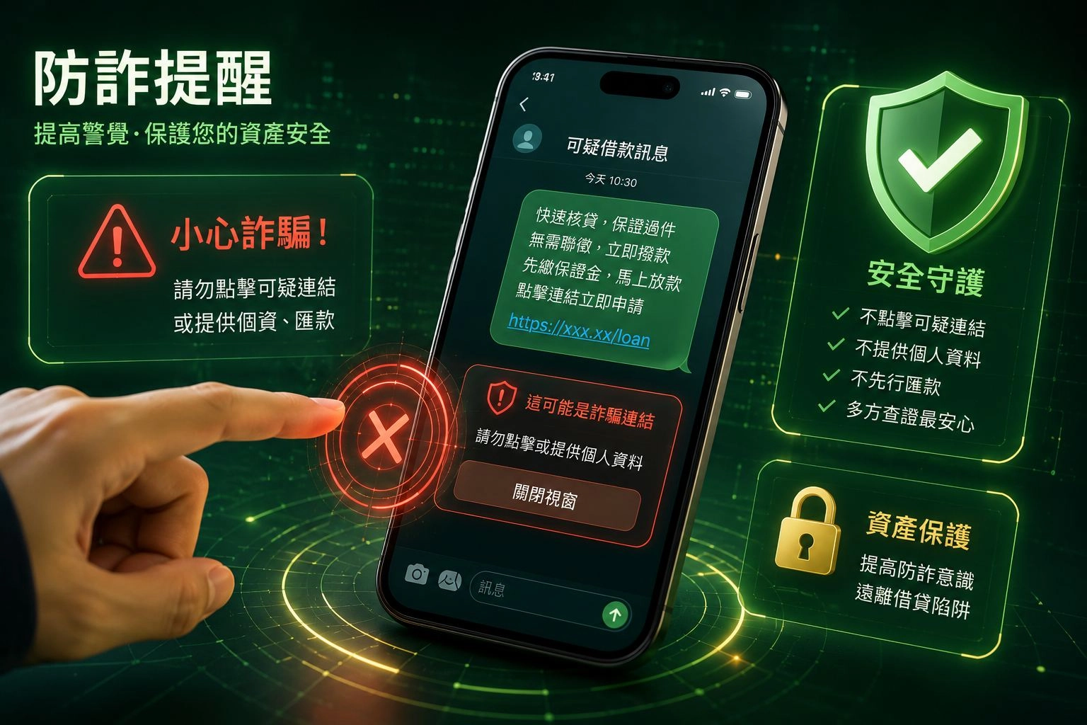 線上小額借款防詐提醒與可疑借款訊息示意圖