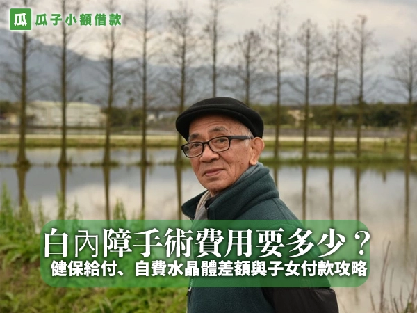 戴黑色扁帽與黑框眼鏡、穿深綠色外套的亞洲白髮長者站在水田邊回頭微笑，背景是倒映在水面上的落羽松林與遠山，封面大字「白內障手術費用要多少？」