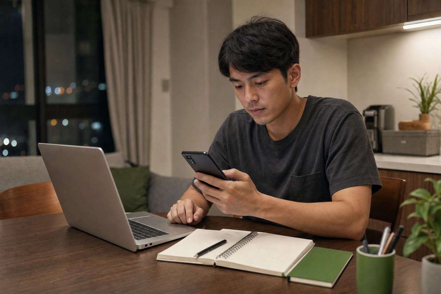 民眾夜間透過手機了解 24 小時小額借款與資金安排示意圖