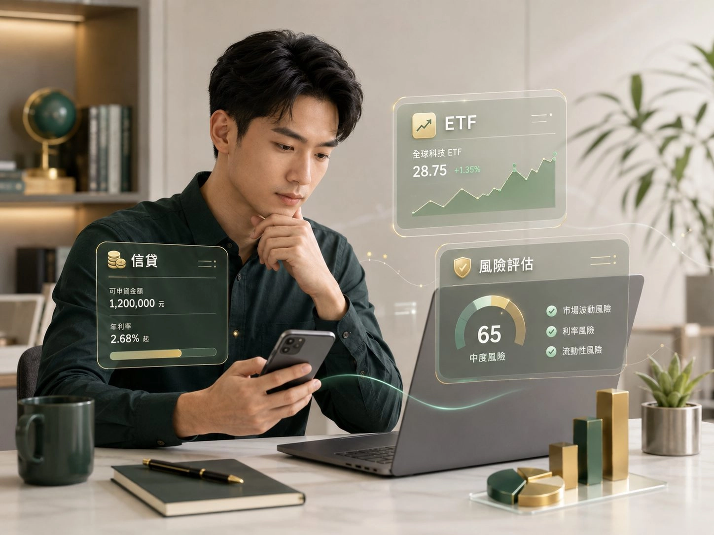 2台灣上班族使用手機查看信貸投資與 ETF 風險評估資料