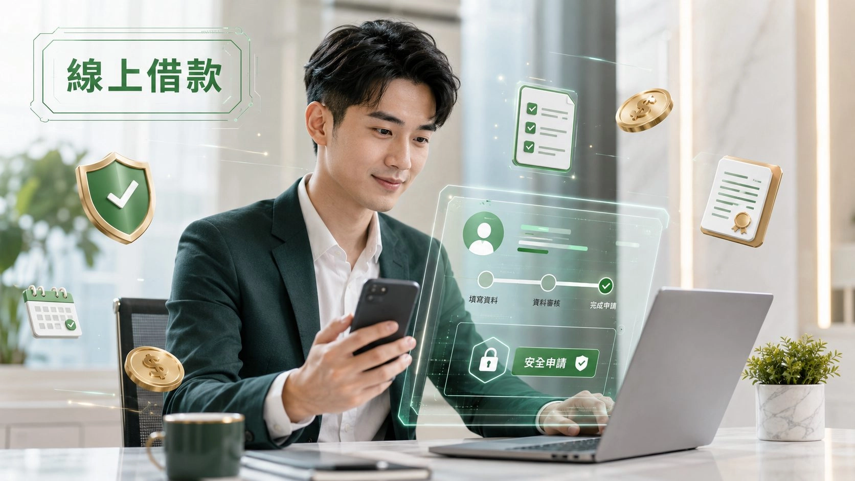 線上借款流程示意圖，使用手機與筆電完成資料填寫與安全申請