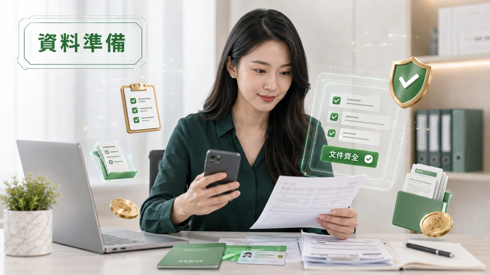 線上借款資料準備示意圖，申請人整理身分證件、財力證明與申請文件