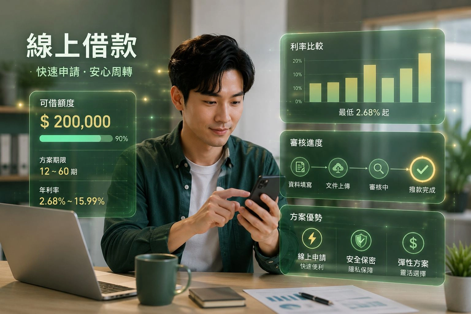 線上小額借款申請與利率審核介面示意圖