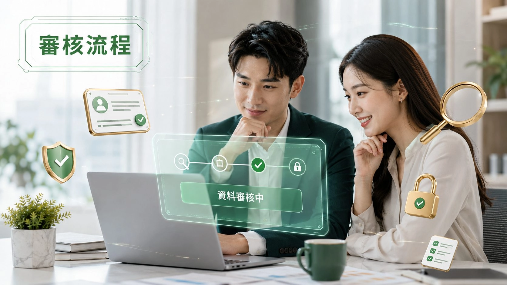 線上借款審核流程示意圖，金融科技系統檢查申請資料與信用條件