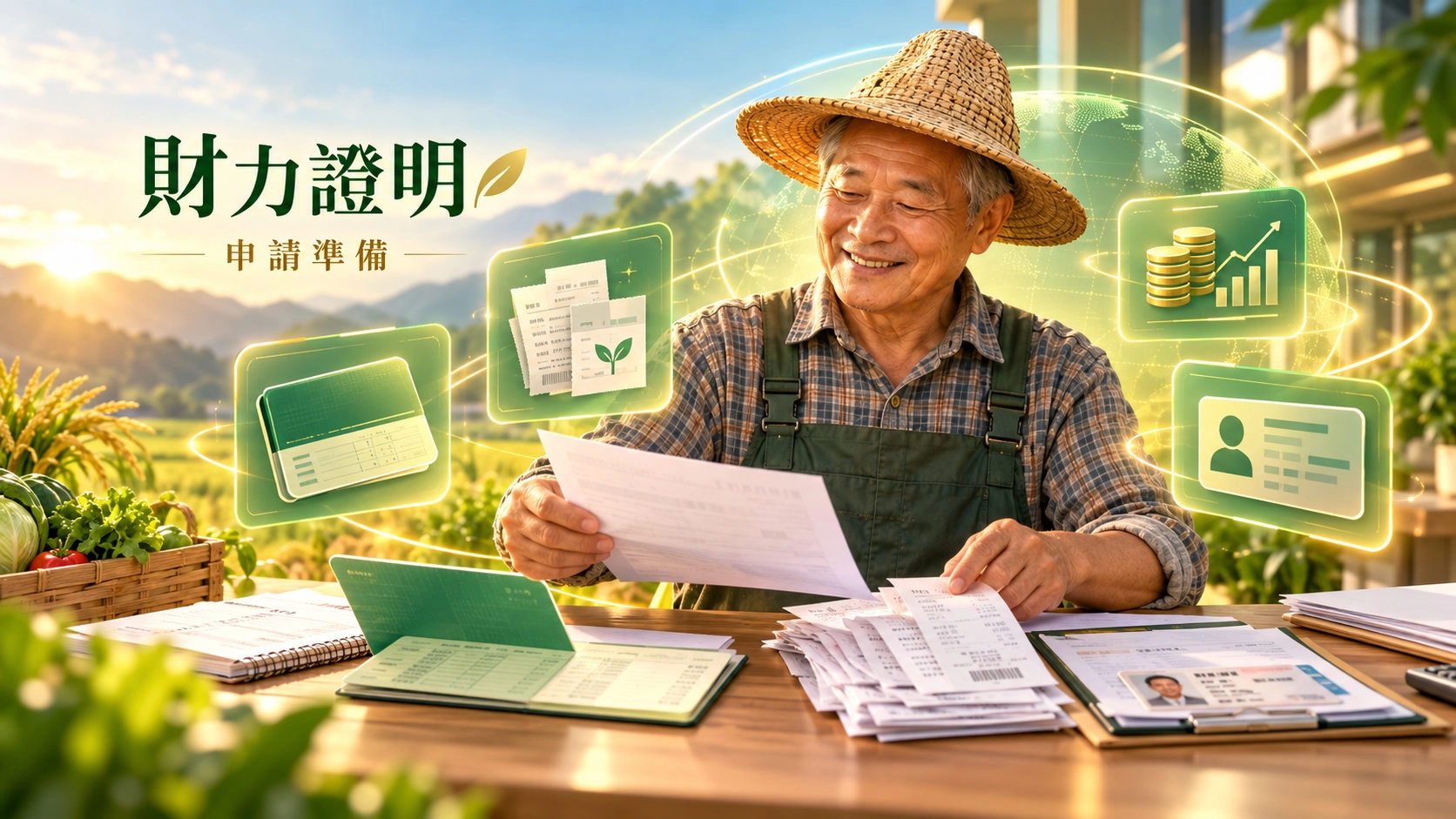 老農整理存摺、農產品銷售紀錄及貸款申請財力證明