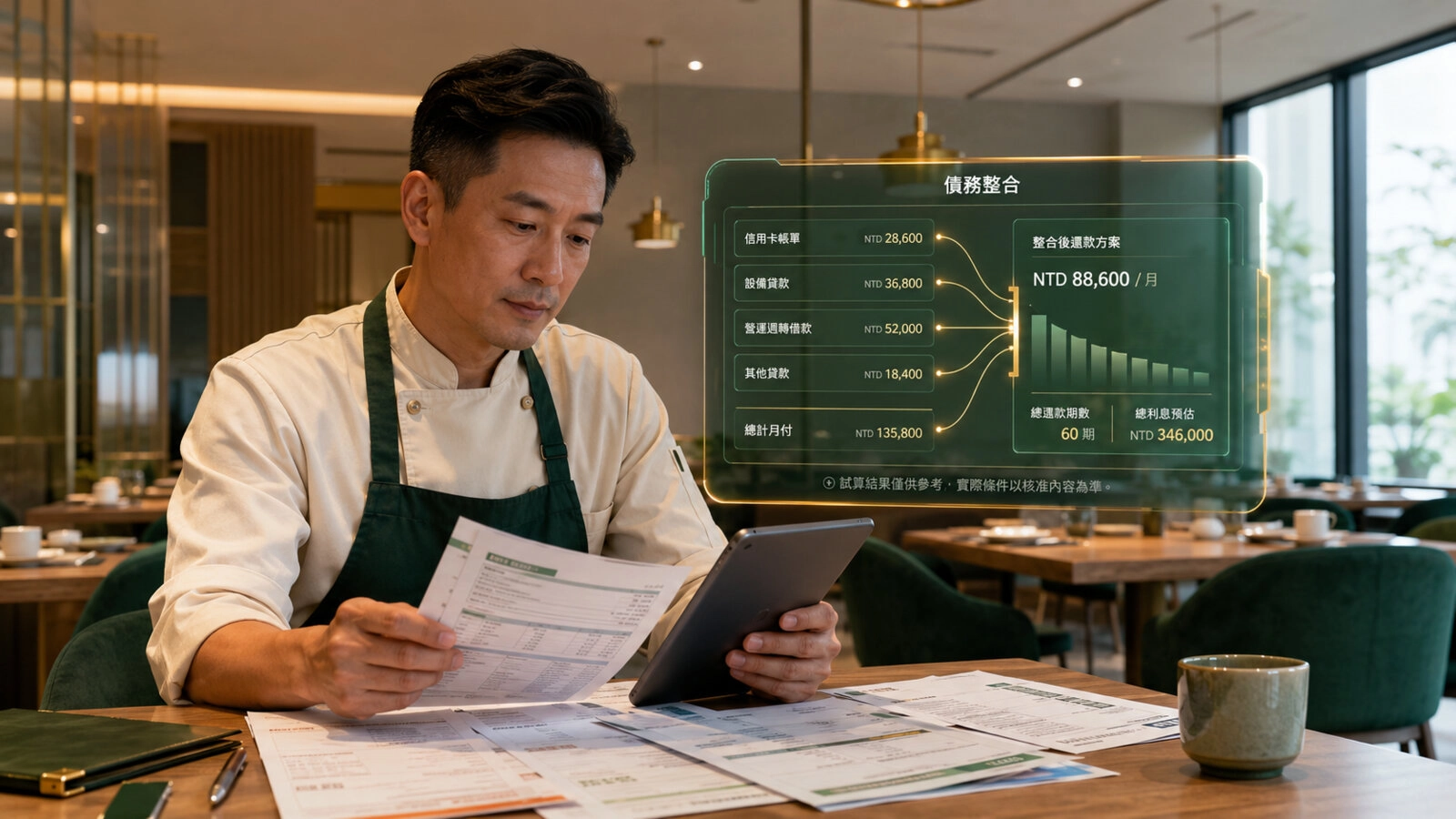 苗栗餐飲業者透過綠金科技介面評估債務整合與還款方案