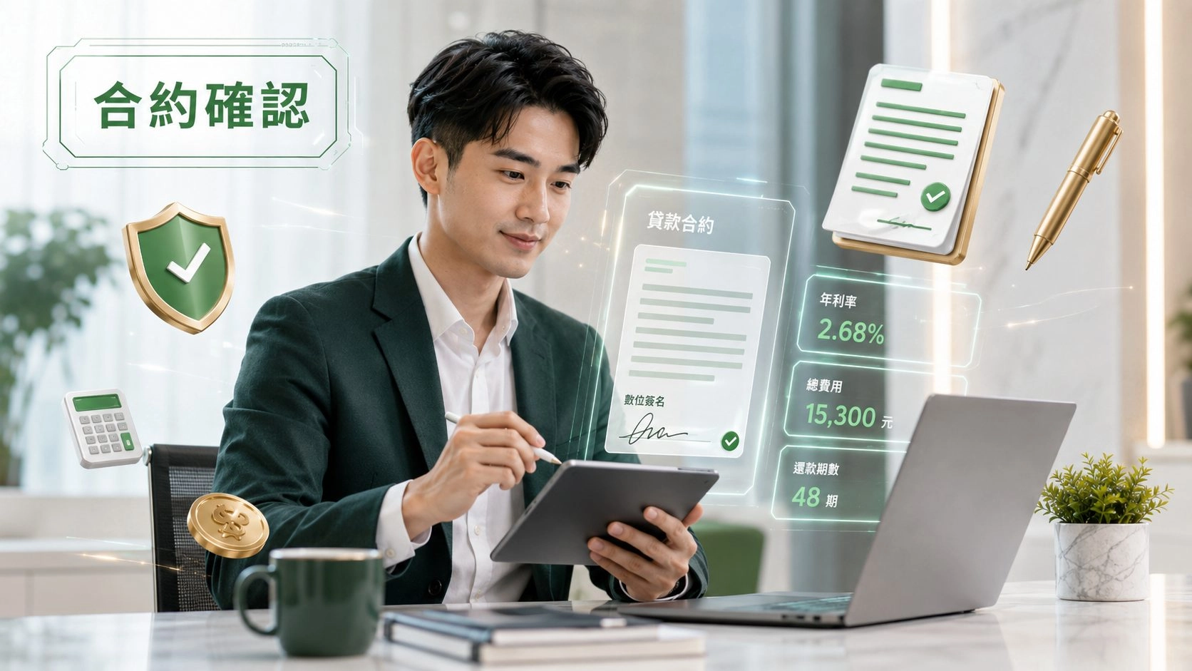 線上借款合約確認示意圖，申請人查看貸款合約、年利率與總費用