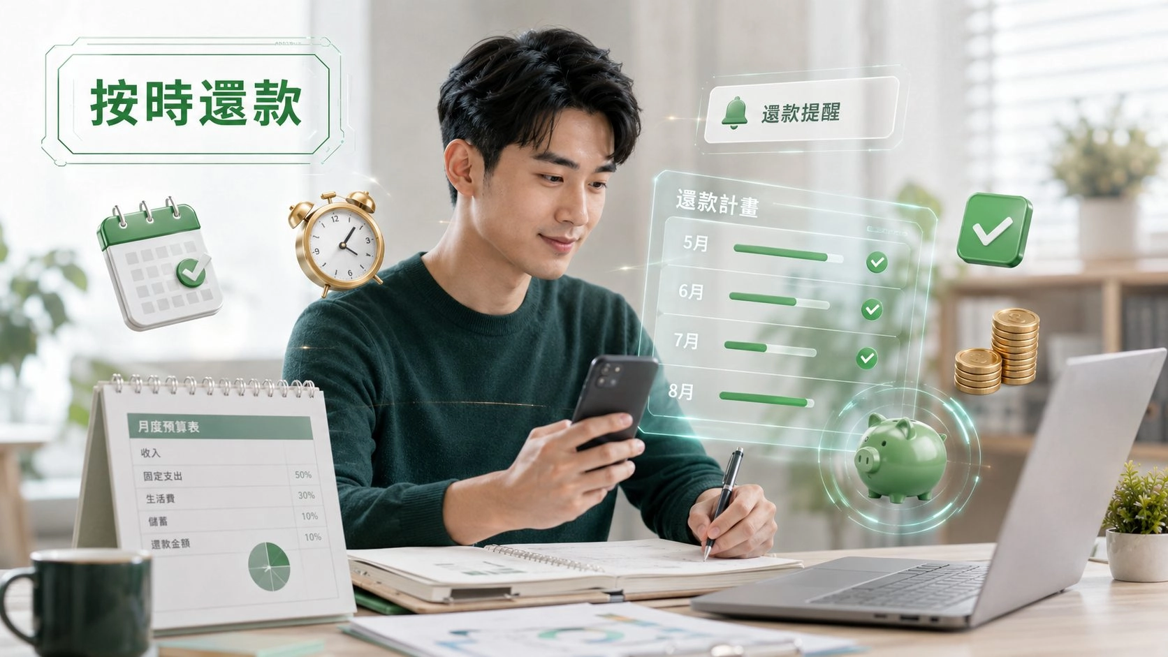線上借款按時還款示意圖，申請人使用手機設定還款提醒與還款計畫