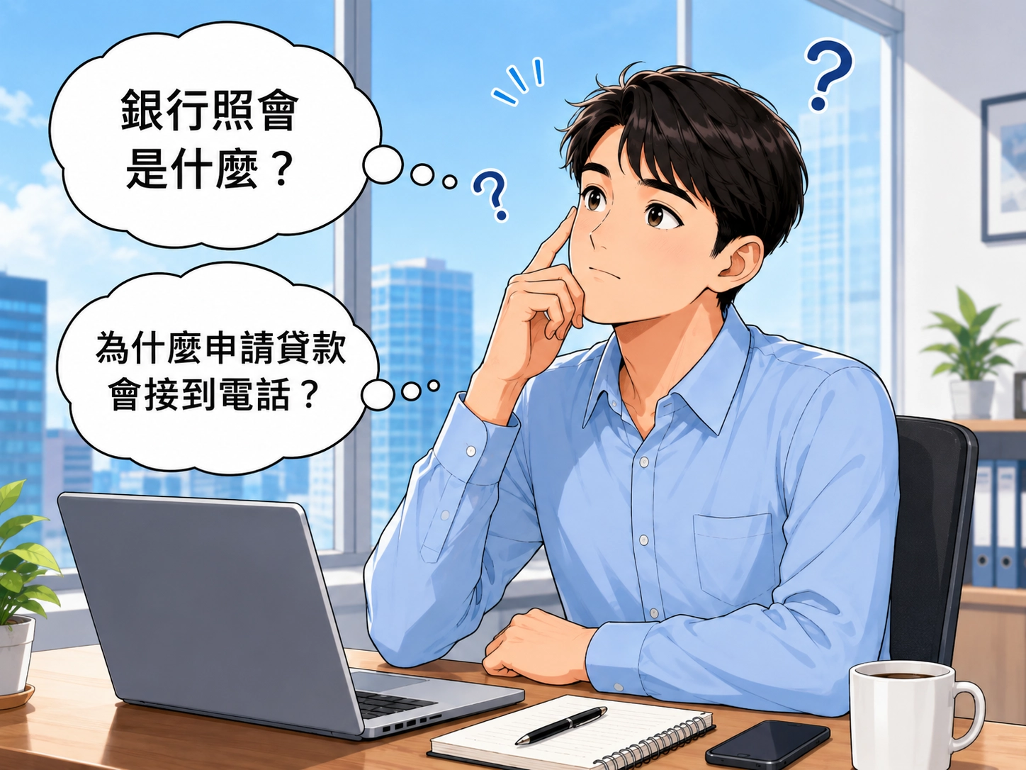 上班族思考銀行照會是什麼,以及為什麼申請貸款會接到銀行電話。