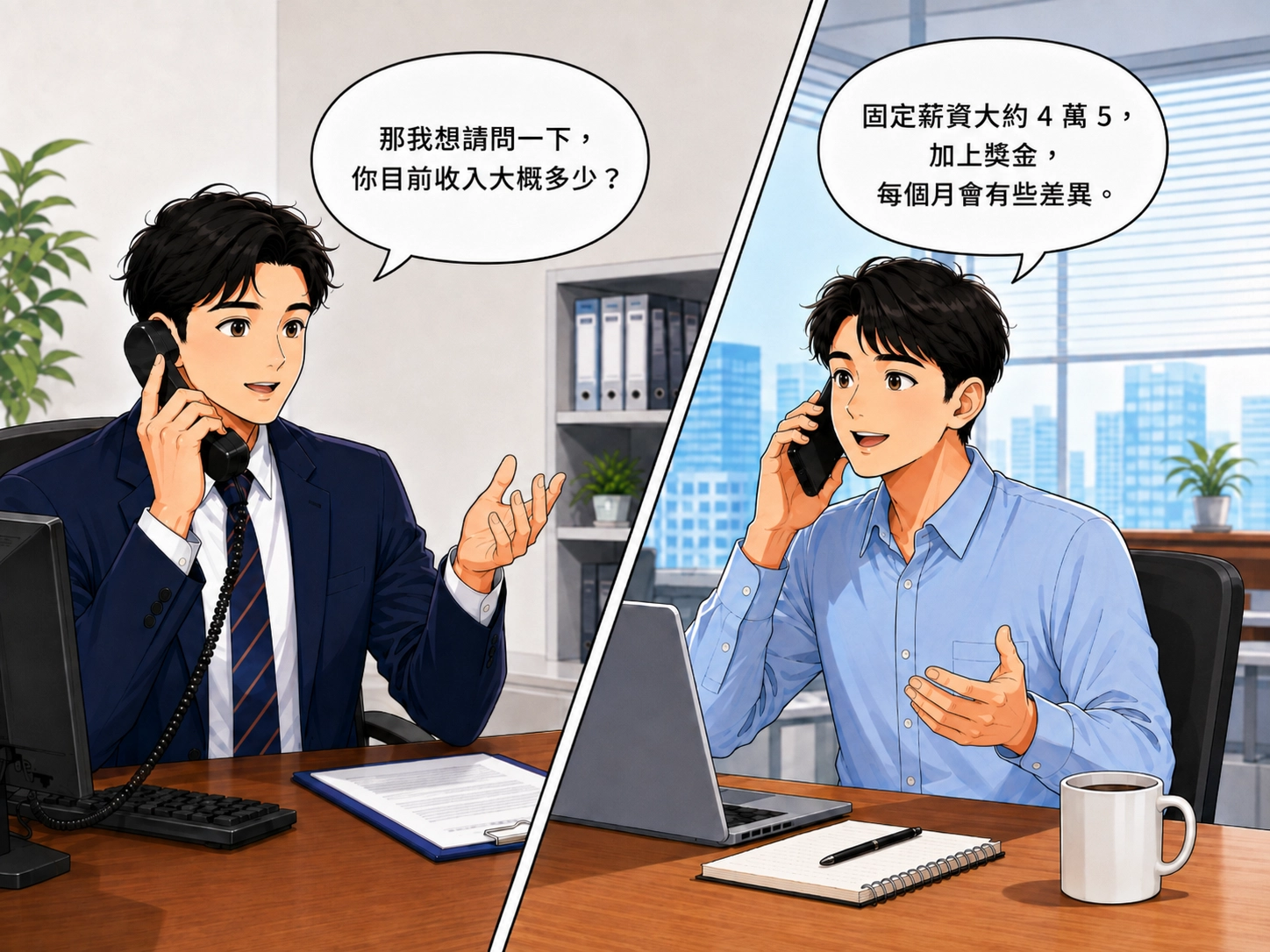 銀行照會人員電話詢問申請人收入,上班族回答固定薪資約 4 萬 5,加上每月不固定獎金的對話示意圖。