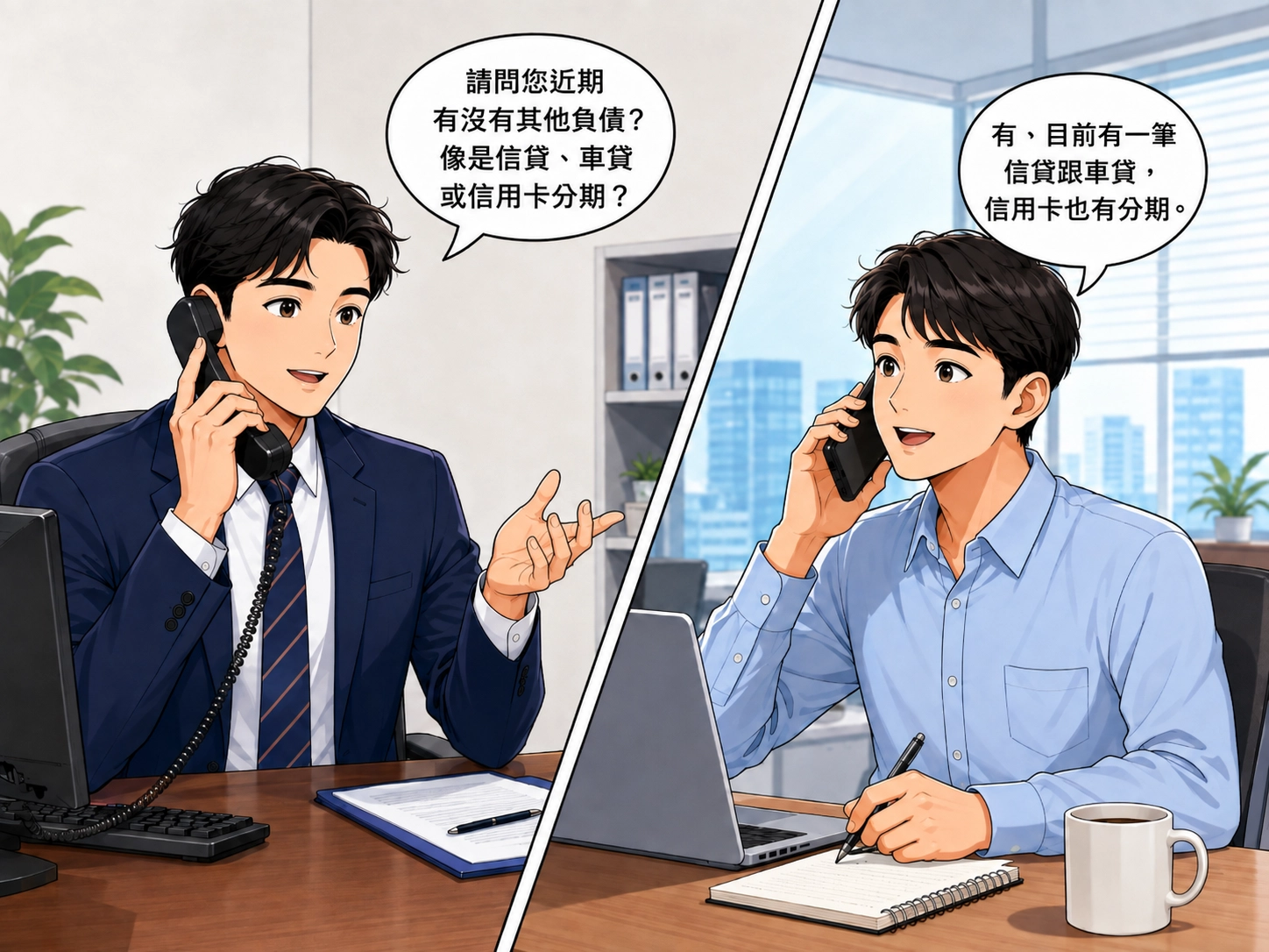 銀行專員電話詢問負債狀況,上班族說明信貸、車貸與信用卡分期。