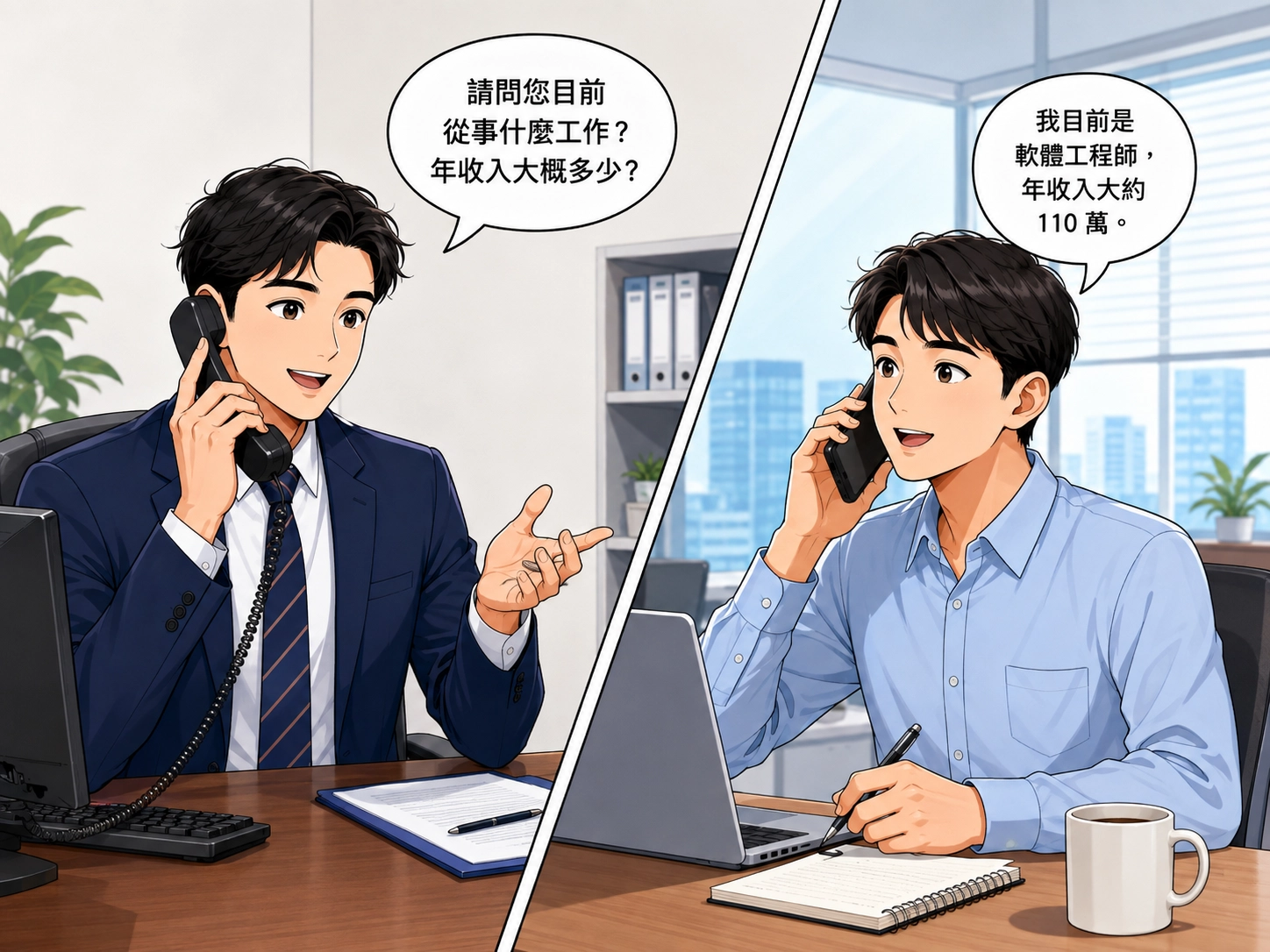 銀行專員電話照會工作與收入,上班族說明職業與年收入。