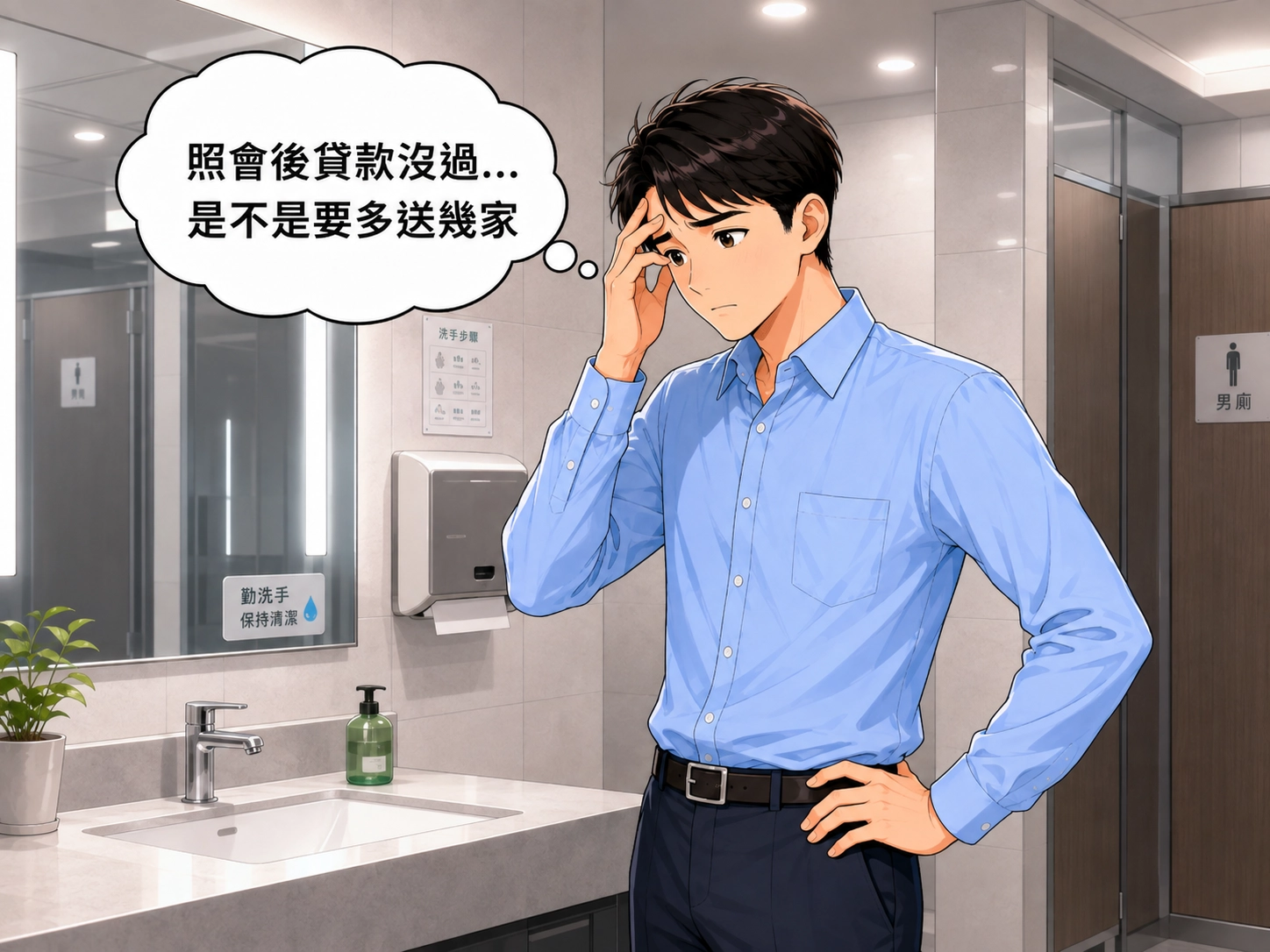 上班族在公司男廁煩惱思考,照會後貸款沒過是否要多送幾家。