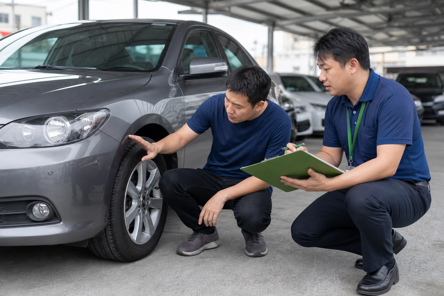 買方與中古車商共同檢查車況及分期契約示意圖